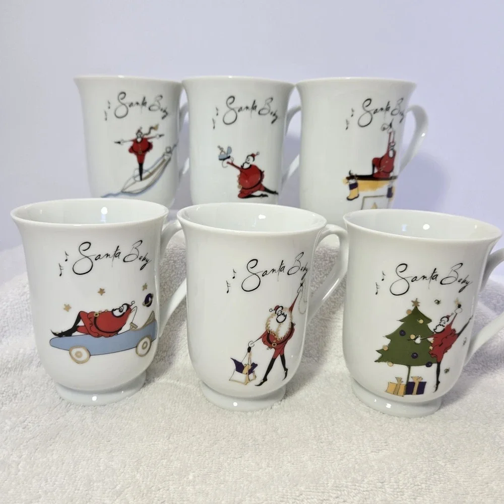 Pottery Barn Santa Baby Hot Cocoa Coffee Cups Tea Mugs Set Of 6 Christmas Rare